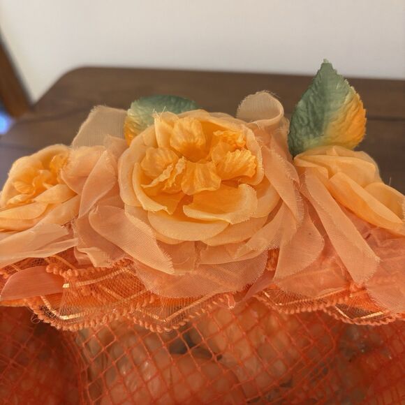 Vintage 1960 Millinary Head Piece Hat Orange Flowers Pill Box Hat Mid Century - Picture 6 of 9